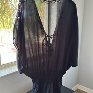 Sheer Black V-Neck Embroidered Sleeve Beach short